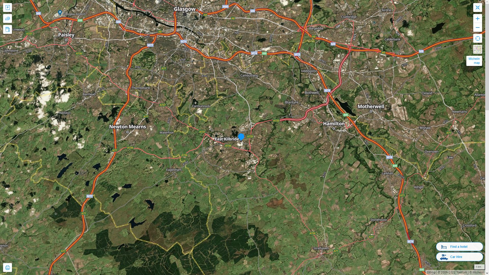 East Kilbride Royaume Uni Autoroute et carte routiere avec vue satellite